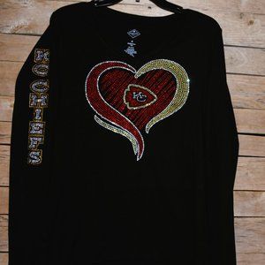 Chiefs rhinestone black long sleeved shirt sizes XS S M L XL XXL 1X 2X 3X 4X 5X